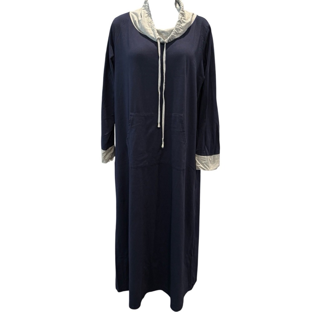 Ekouaer Nightgown‎ Dress Large Navy Gray Long Sleeve Cowl Neck Lounge Pajama